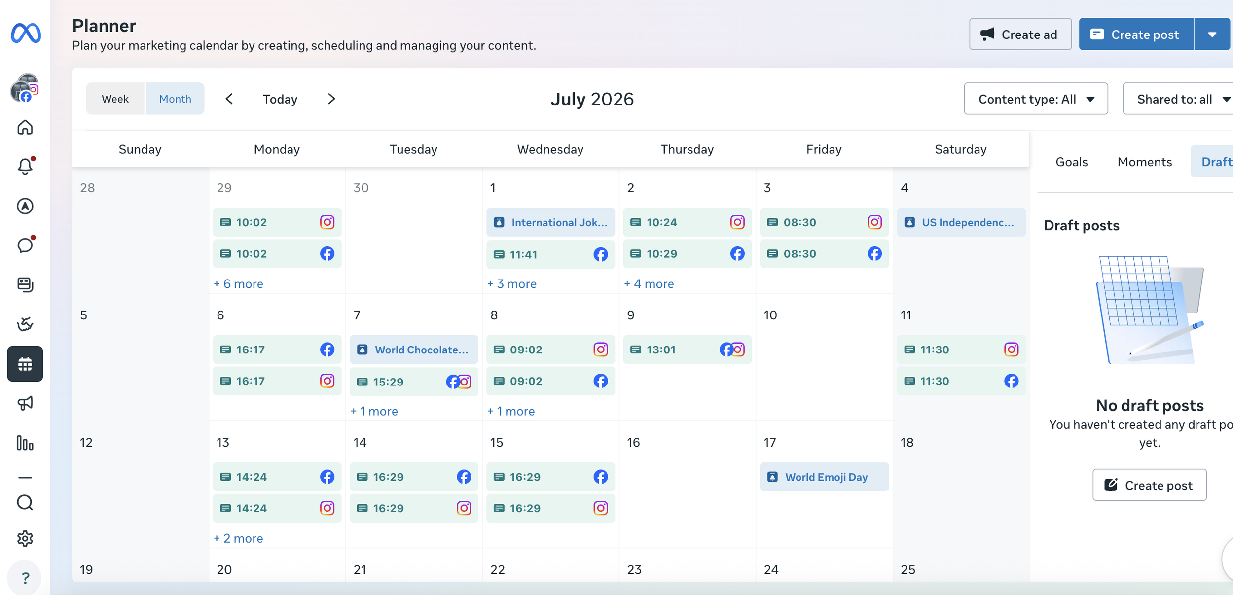 A digital marketing planner calendar for July 2026, showing scheduled posts and notes for social media platforms like Facebook and Instagram, with a side section for draft posts.