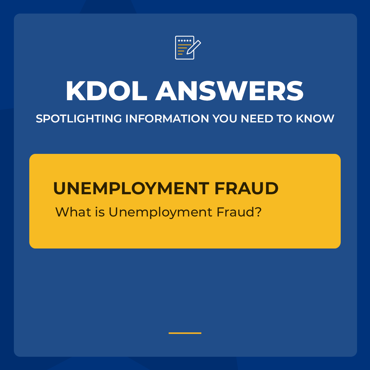 An informational graphic titled "KDOL Answers: Spotlighting Information You Need to Know" with a section about unemployment fraud explaining what it is.