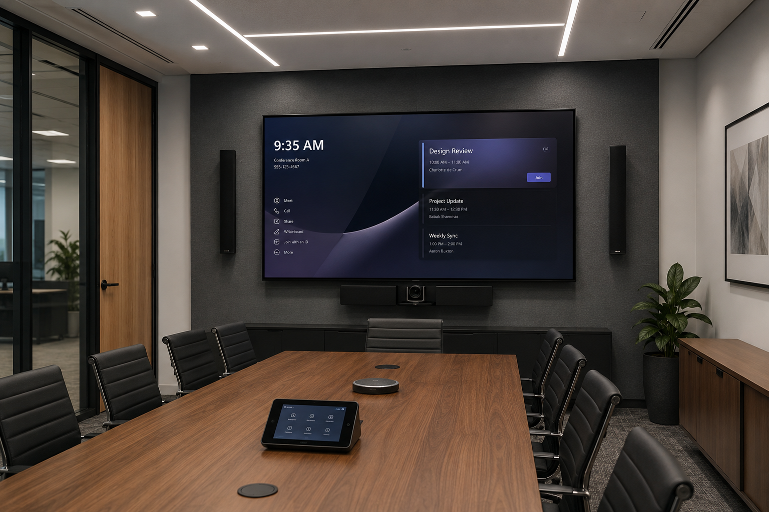 Empty conference room with a large wall screen displaying a schedule, a tablet on the table, and black chairs around a wooden table. There is a potted plant and framed artwork on the wall.