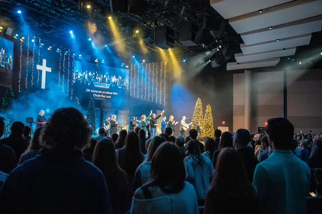 Crowd attending a Christmas church service with people singing on stage, decorated Christmas trees, and a large cross on the wall.