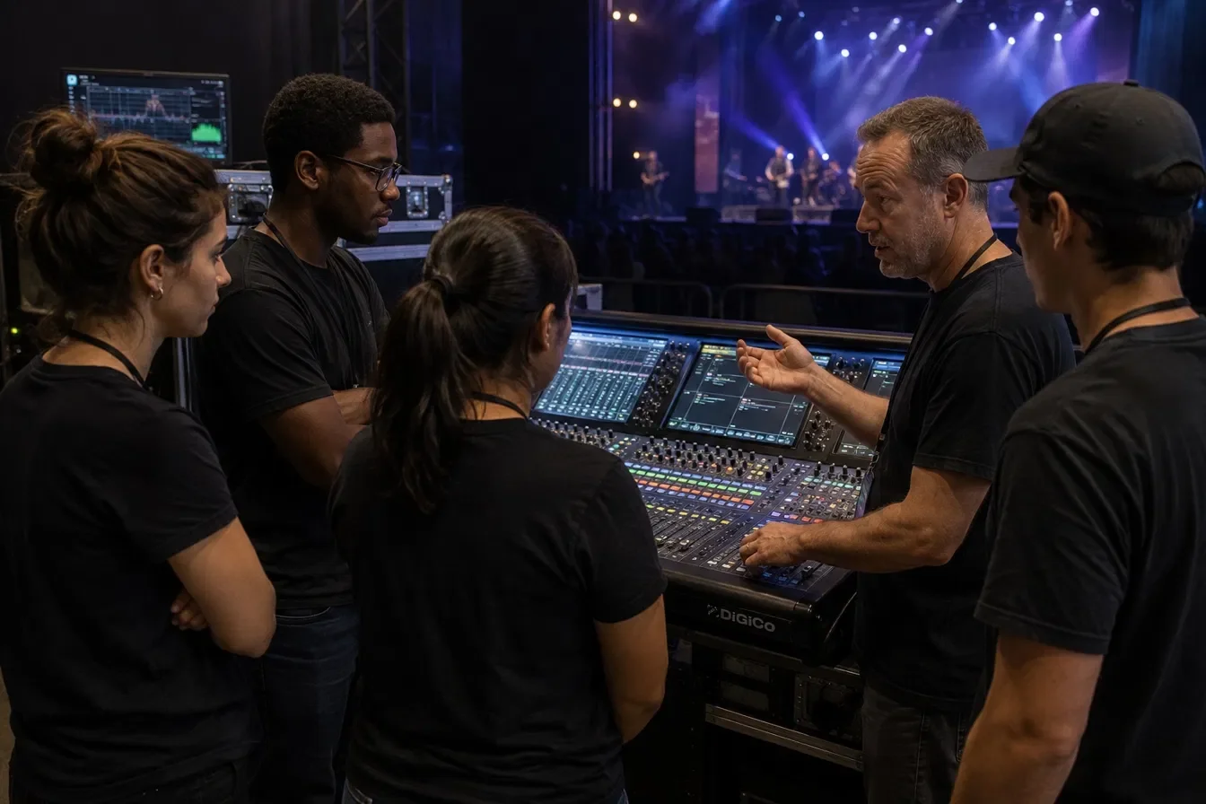 A group of five sound engineers working at a mixing console during a concert, with stage lights and a band performing in the background.