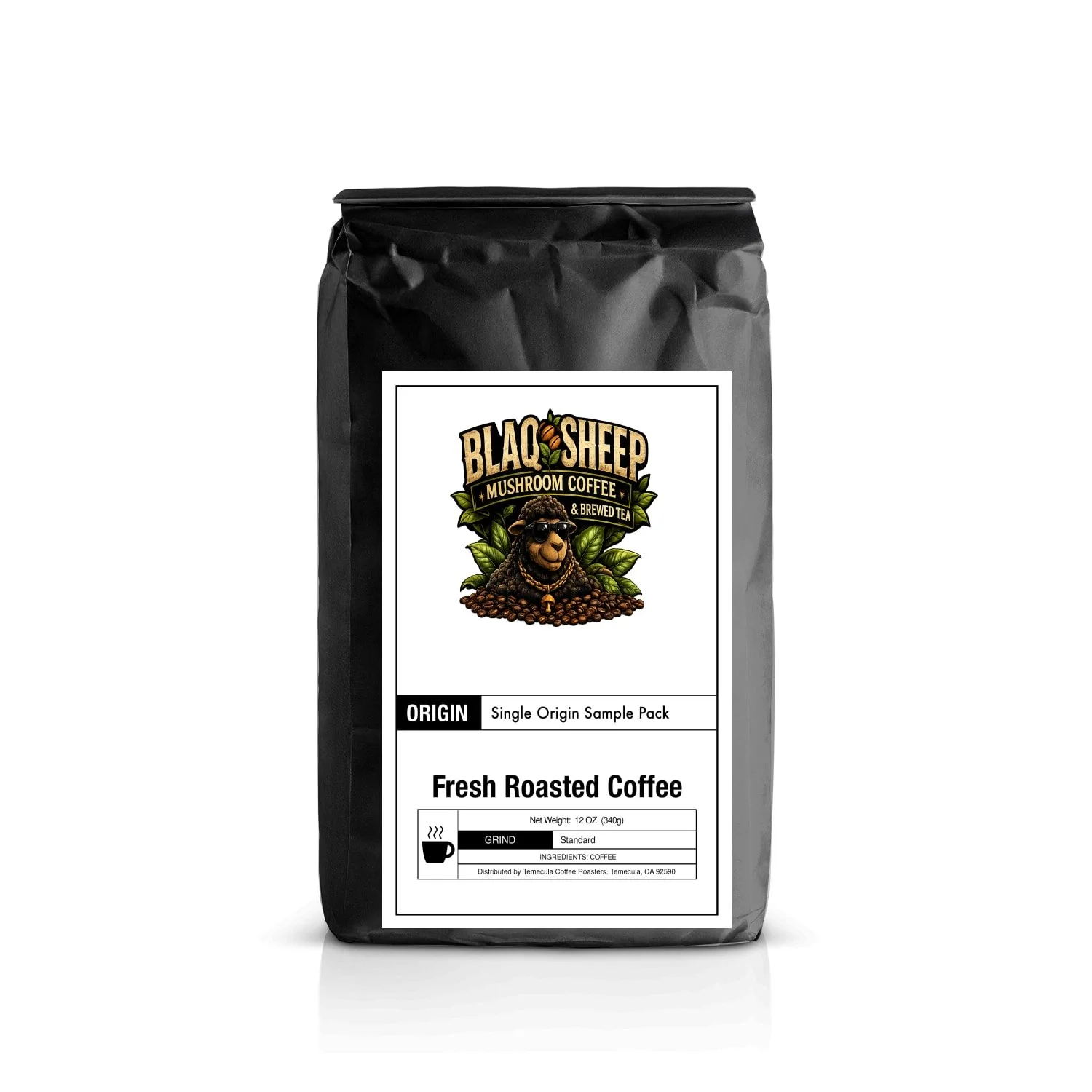 Black package of Black Sheep Mushroom Coffee with a cartoon sheep wearing sunglasses, surrounded by coffee beans and green leaves, labeled as single origin, fresh roasted, with ingredients listed as coffee, designed for brewing.