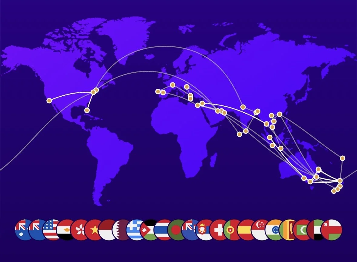 World map with flight paths connecting various countries in Europe, Asia, and Oceania, with icons of flags from different nations at the bottom.