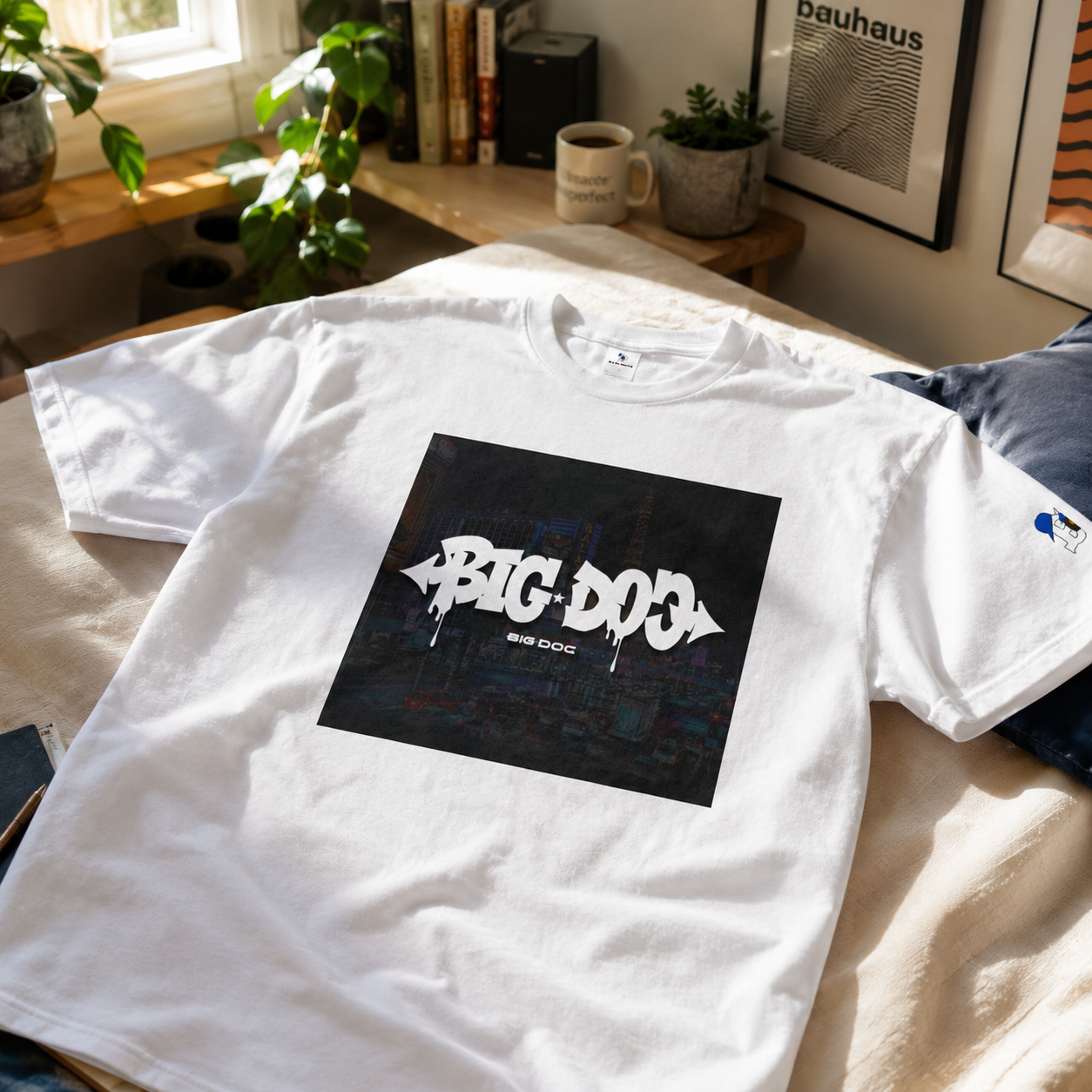 A white T-shirt with a graphic design featuring the words "BIG DOC" in graffiti-style lettering on a dark background, laid out on a table in a sunlit room.