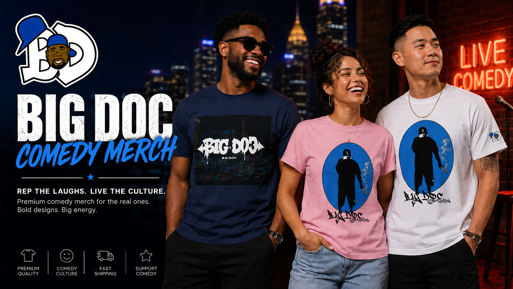 Three people wearing Big Doc comedy merchandise T-shirts, standing at night with city skyline in background. T-shirts feature a graphic of a silhouette with a mask and the Big Doc logo, with one in pink, one in white, and one in navy blue.