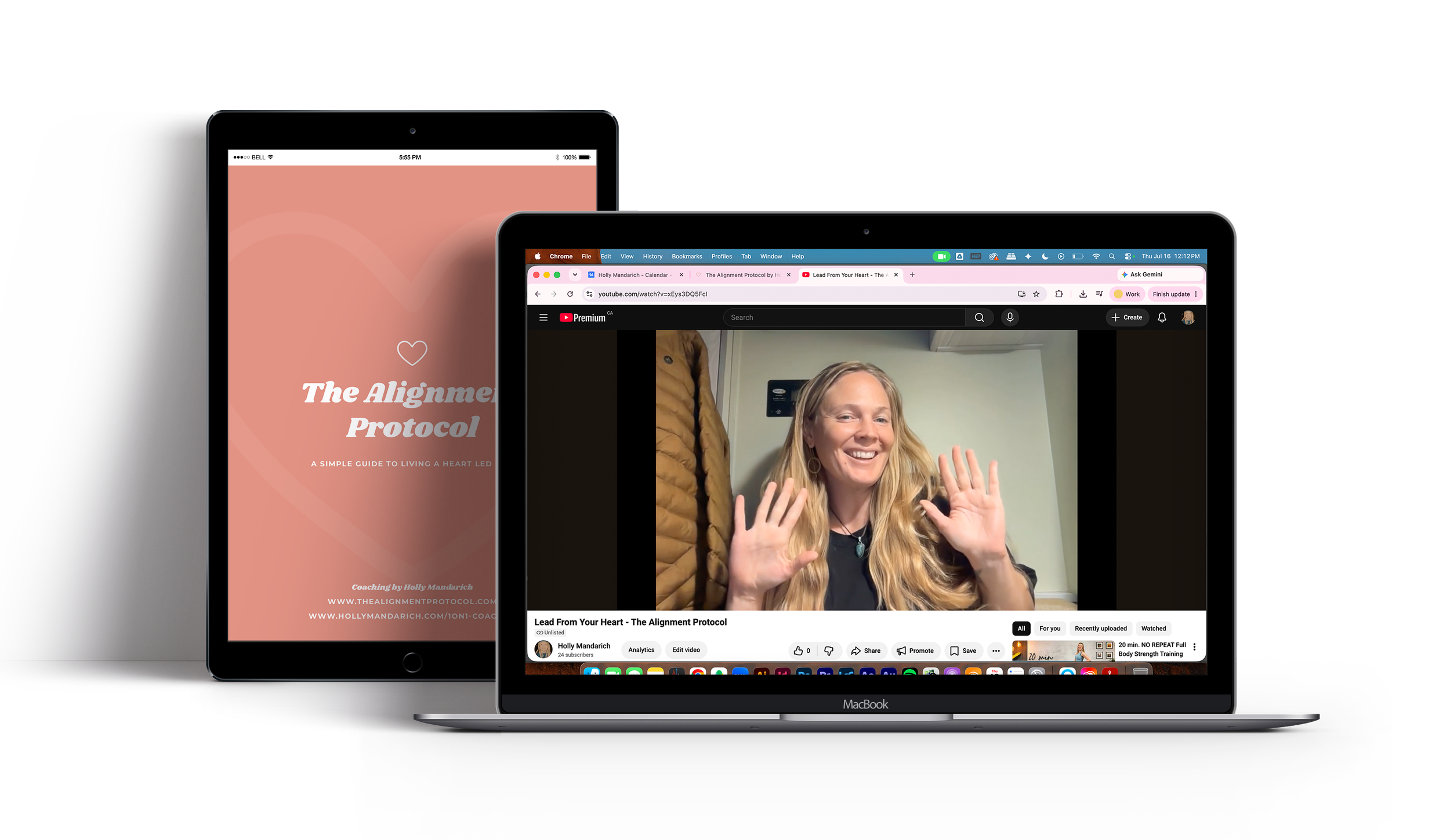 Two digital screens, one displaying a pink background with white text about "The Alignment Protocol," and the other showing a woman with long blonde hair smiling and raising her hands in a video call.