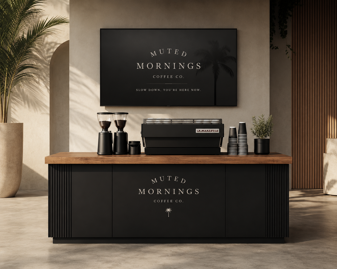 A modern coffee station with a black counter and wooden top, featuring coffee equipment, stacks of black cups, and a plant, with a sign behind reading 'Muted Mornings Coffee Co.' and a larger screen above showing the same branding.