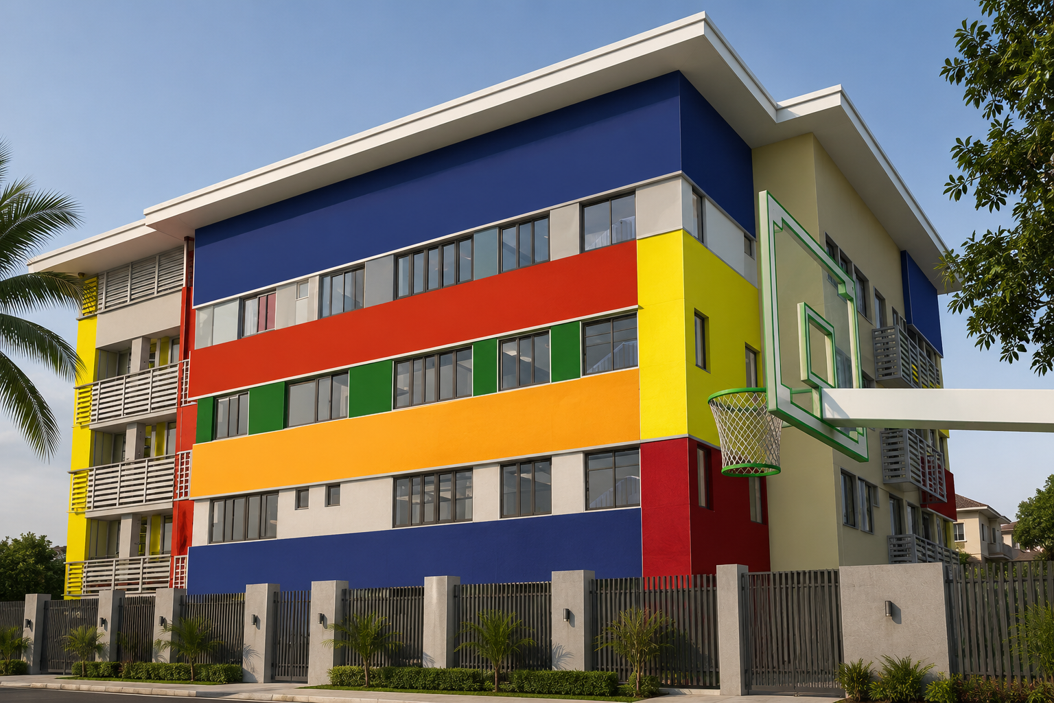 Multicolored building with sections painted in blue, red, yellow, green, orange, and white, featuring large windows, balconies, and a basketball hoop attached to the side.