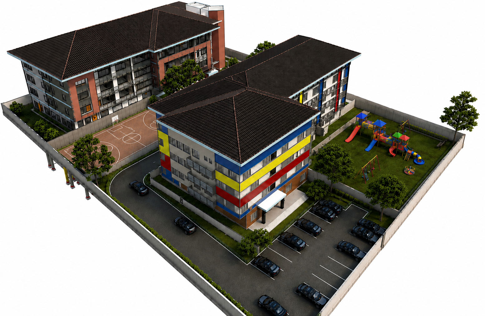 Colorful residential apartment complex with playground and sports court, surrounded by parking lot and trees.