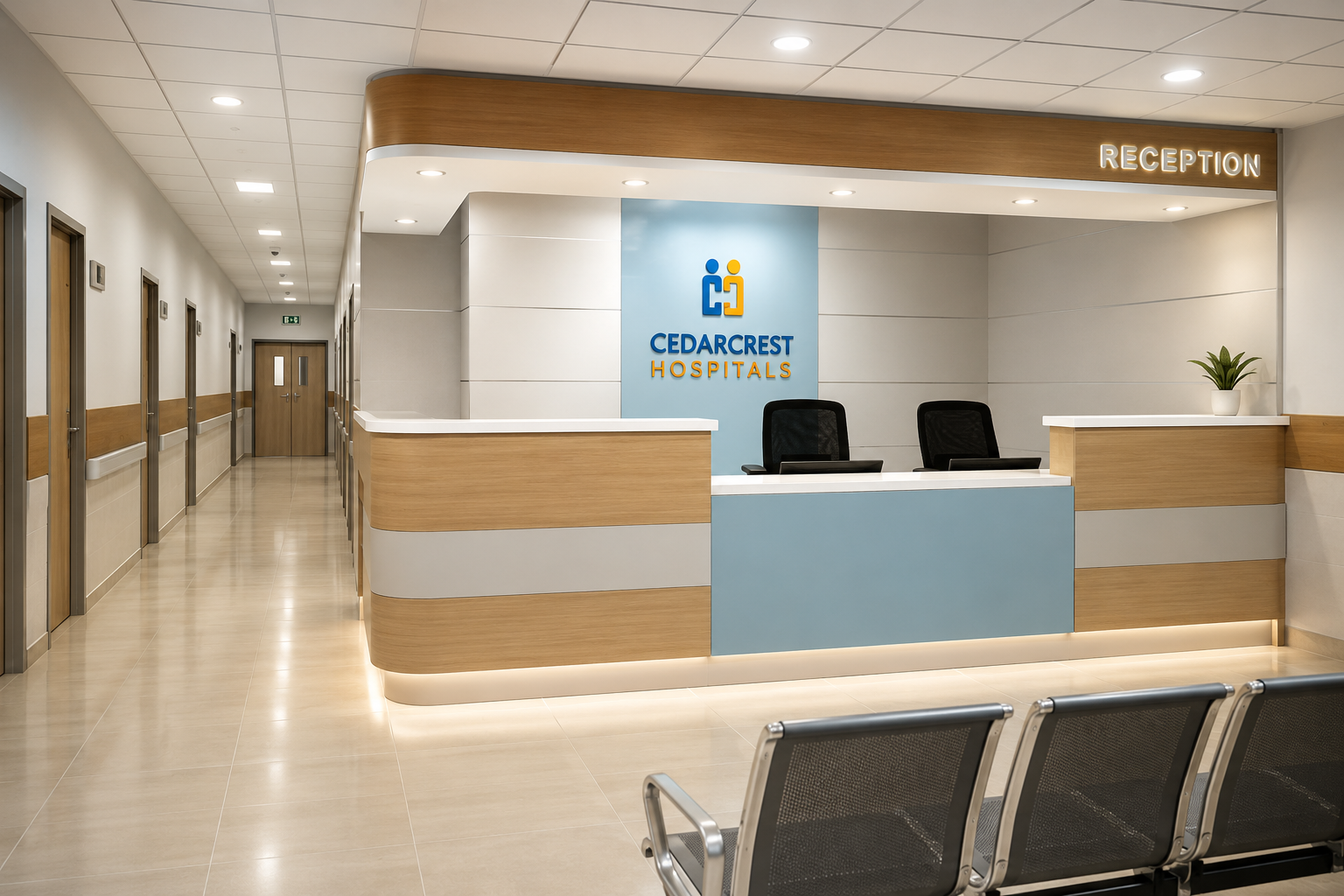 Hospital reception area with a front desk, computer chairs, and signage for Cedarcrest Hospitals, featuring a reception sign, potted plant, and seating area.