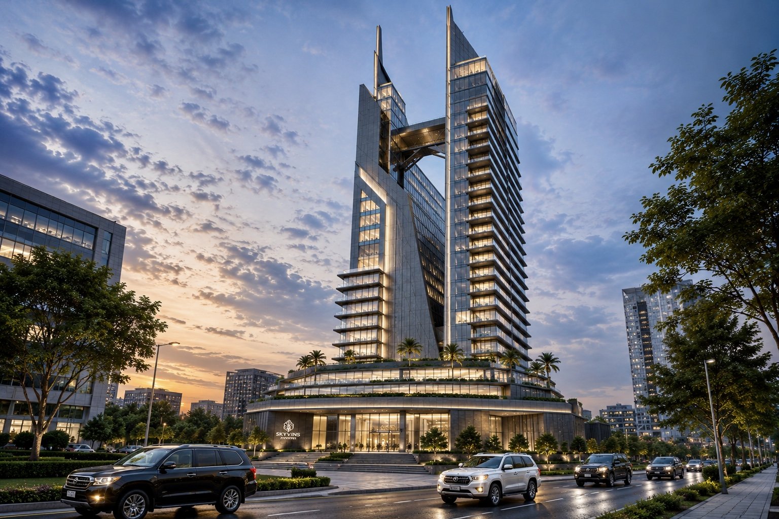 Modern high-rise building with glass exterior and unique architectural design, surrounded by trees and cars on the street at sunset.