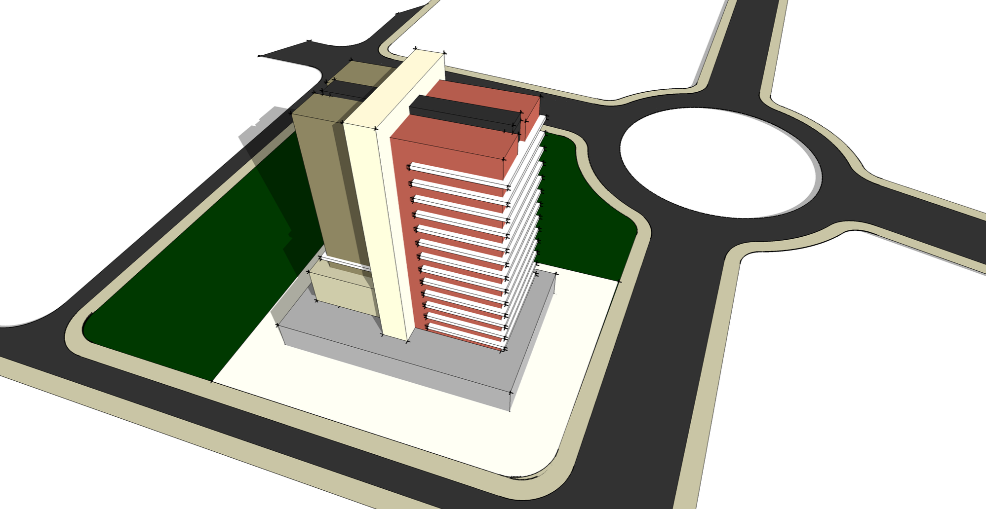 3D architectural rendering of a multi-story building with red and beige exterior, adjacent to a roundabout and green landscaped areas.