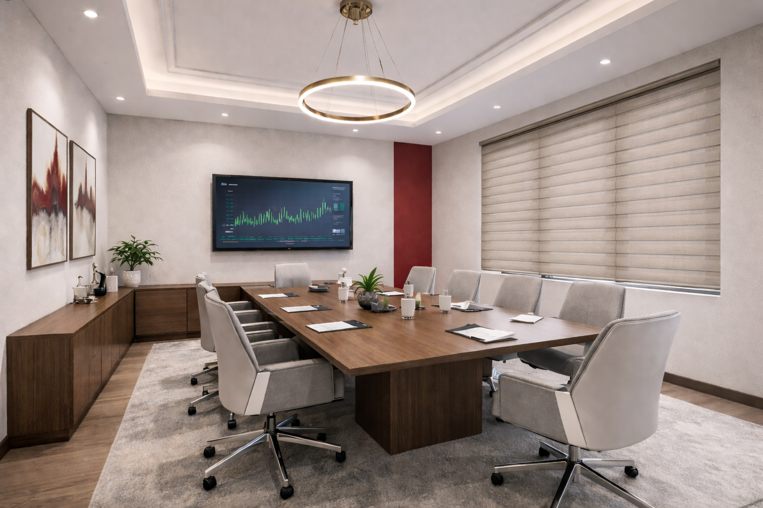 Modern conference room with a large wooden table, ten gray upholstered chairs, a wall-mounted monitor displaying a line graph, art on the walls, potted plants, and window blinds.