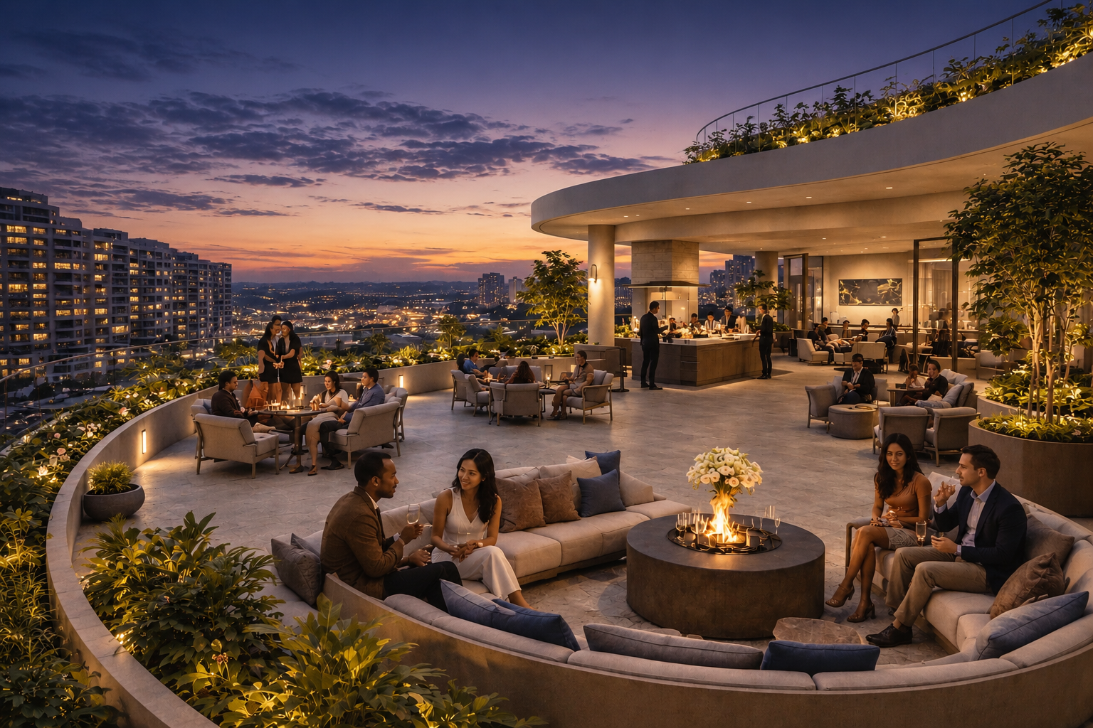 People socializing and relaxing on a rooftop terrace at sunset, with city lights in the background, modern furniture, greenery, and a bar area.
