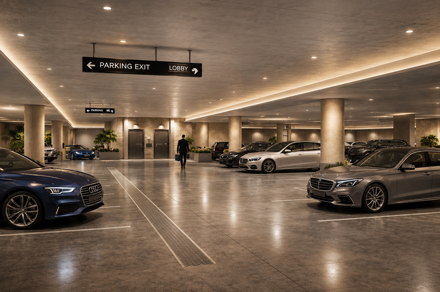 Underground parking garage with luxury cars parked along the sides, a man in a suit walking with a briefcase, signs indicating parking exit and lobby, and modern lighting.