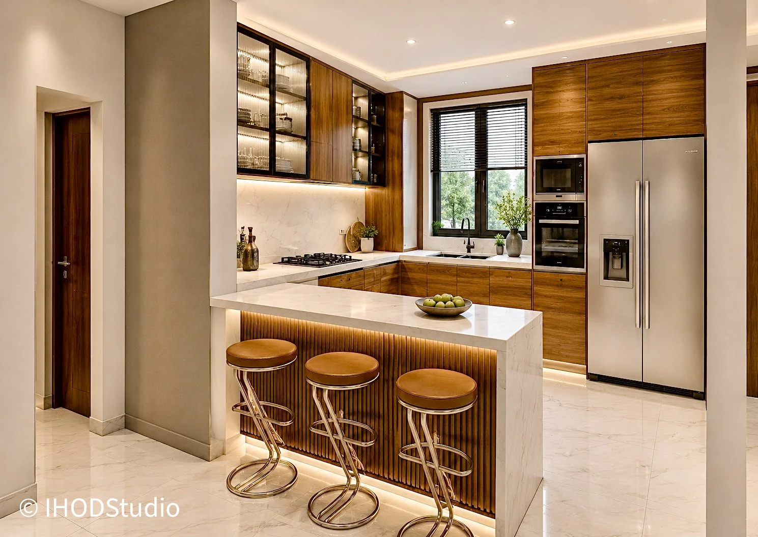 Modern kitchen with wooden cabinetry, a marble island with three bar stools, a large window with black blinds, and stainless steel appliances, including a double-door refrigerator, designed by IHOD.
