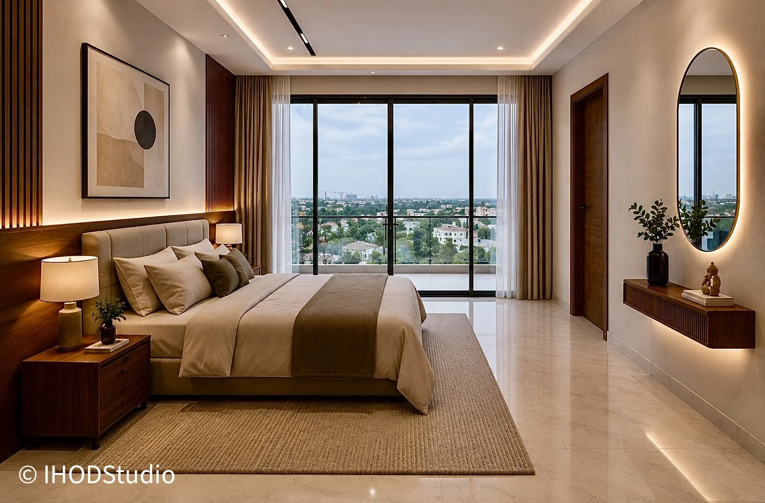 Modern bedroom with large window view of cityscape, beige tones, wooden accents, and minimalist decor, designed by IHOD.