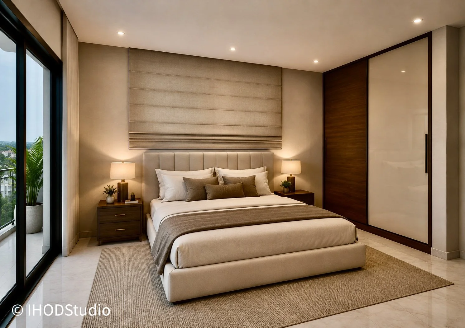 Modern bedroom with large bed, beige headboard, side tables, lamps, pillows, window with blinds, sliding glass door leading to balcony with plant, neutral color scheme, wood and cream furniture, designed by IHOD.