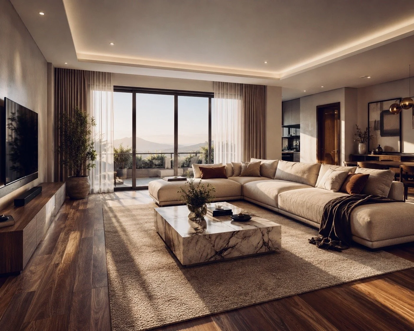 Modern living room with a large beige sectional sofa, marble coffee table, flat-screen TV, and floor-to-ceiling windows overlooking mountains and a terrace with outdoor seating, designed by IHOD.