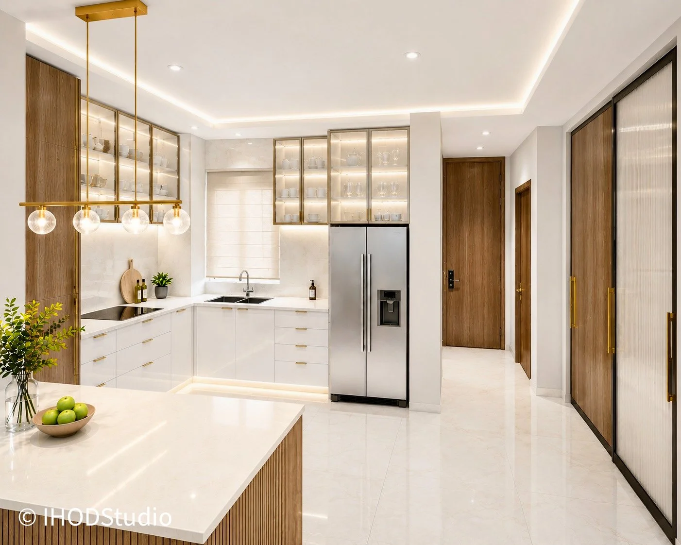 Modern kitchen with white cabinets, a stainless steel refrigerator, wooden accents, and ambient lighting, designed by IHOD.