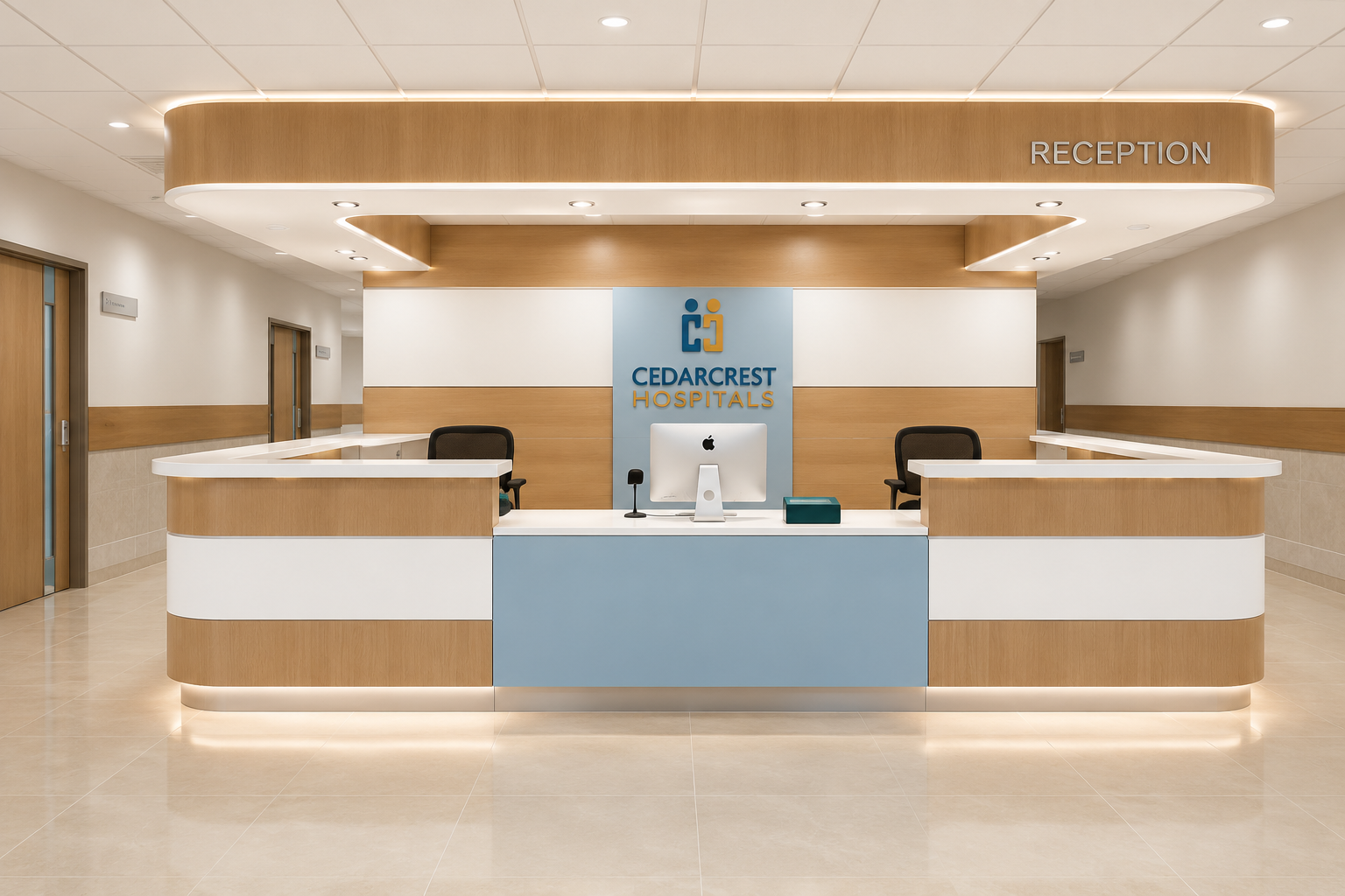 Hospital reception desk with two chairs, a computer, and a Cedargrest Hospitals sign on the wall behind.