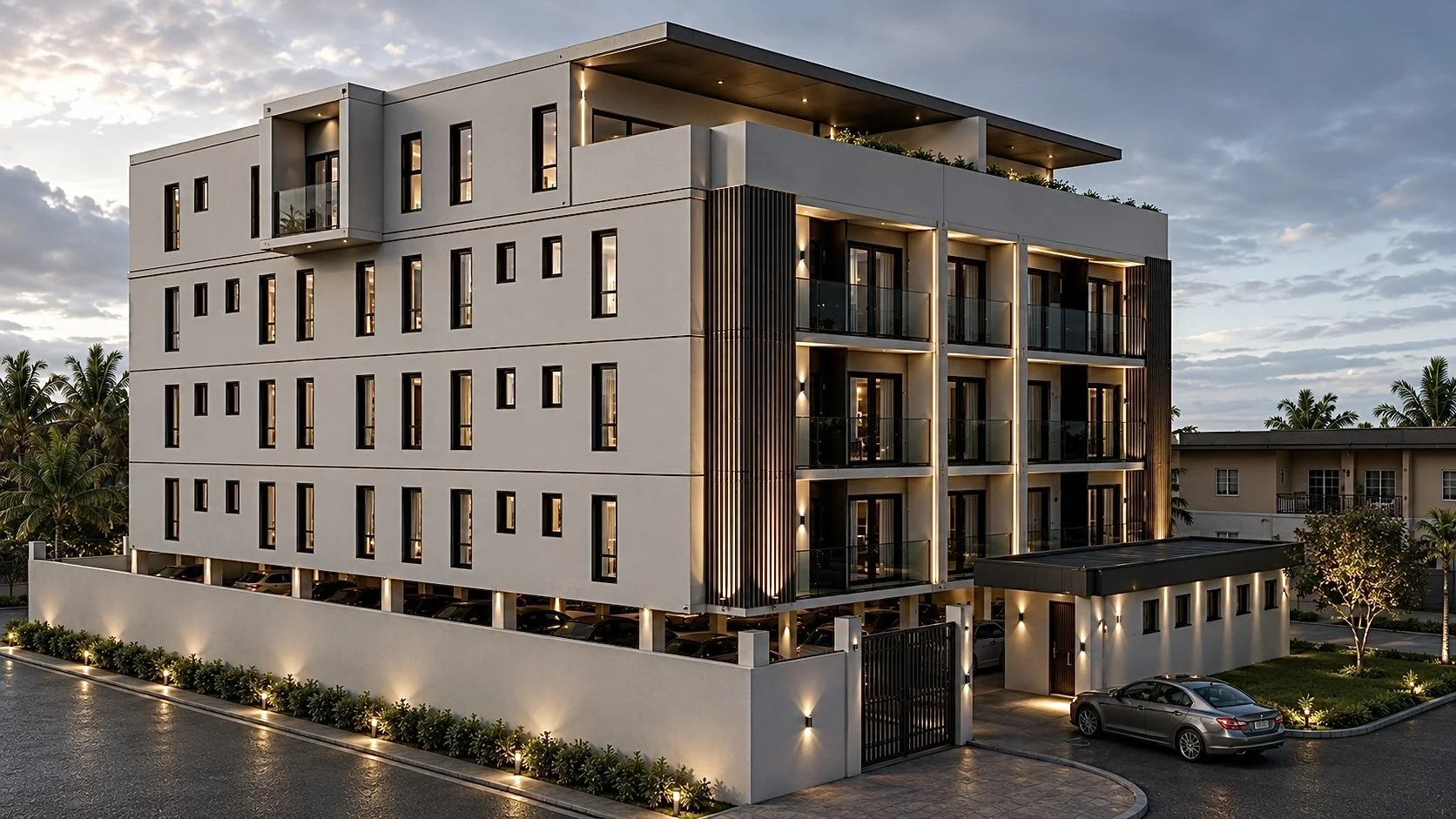 A modern multi-story residential building designed by IHOD with illuminated balconies and a parking area underneath, surrounded by landscaping and palm trees at dusk.