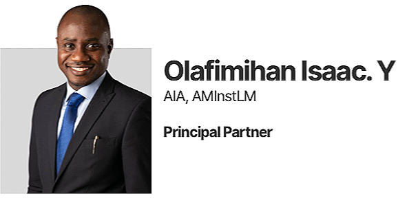 Professional headshot of Olafimihan Isaac Y, Principal Partner, wearing a dark suit and blue tie.