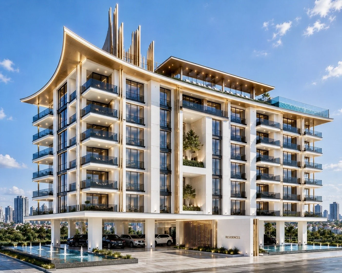 Modern multi-story residential building with glass balconies, gold accents, rooftop terrace, and parking garage, located in an urban area with high-rise buildings in the background, designed by IHOD.