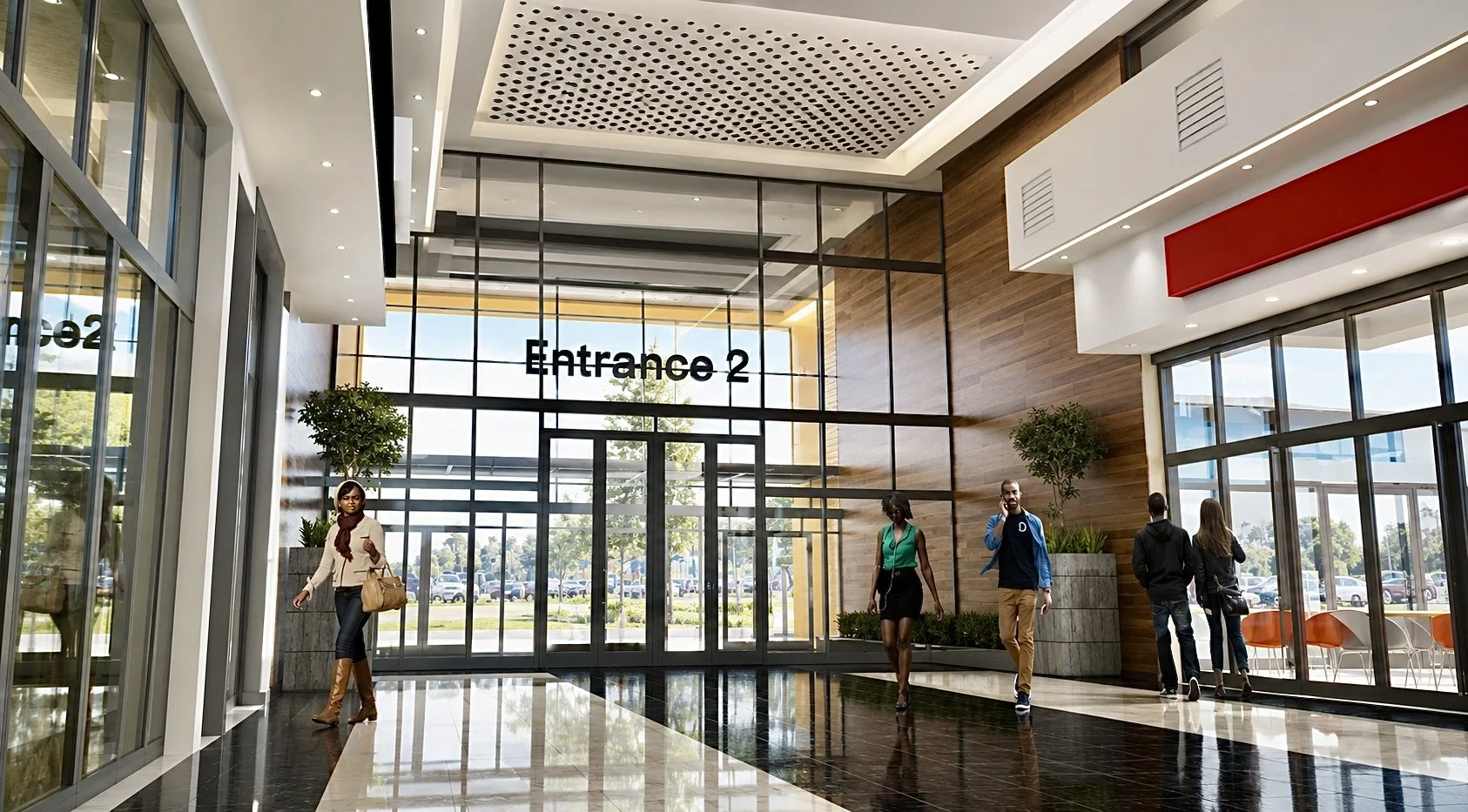 Interior of a modern building lobby with large glass doors labeled 'Entrance 2', a few people walking, and large windows letting in natural light.