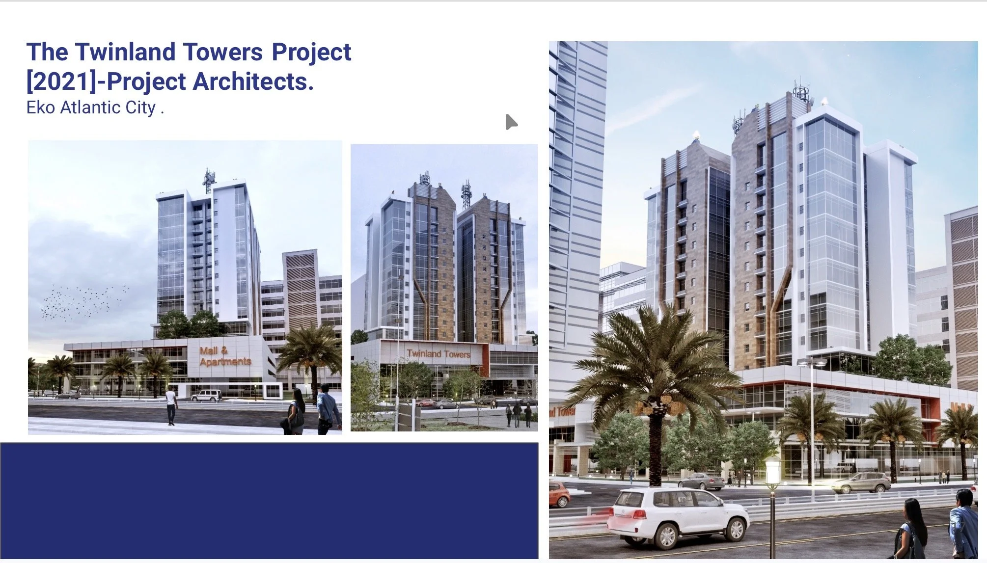 Rendering of Twinland Towers, a modern multi-story building with glass walls and brick accents, situated in Eko Atlantic City, with palm trees and pedestrians in the foreground, and a clear sky background, designed by IHOD.