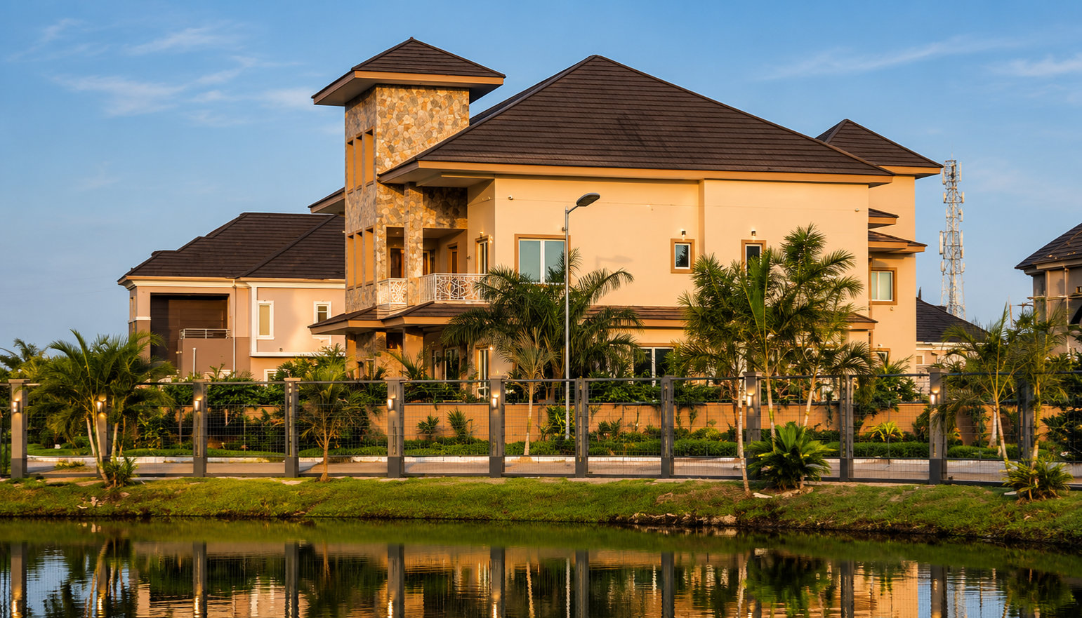 Luxury modern house with a pond in the foreground, surrounded by palm trees and a black fence, under a clear blue sky.