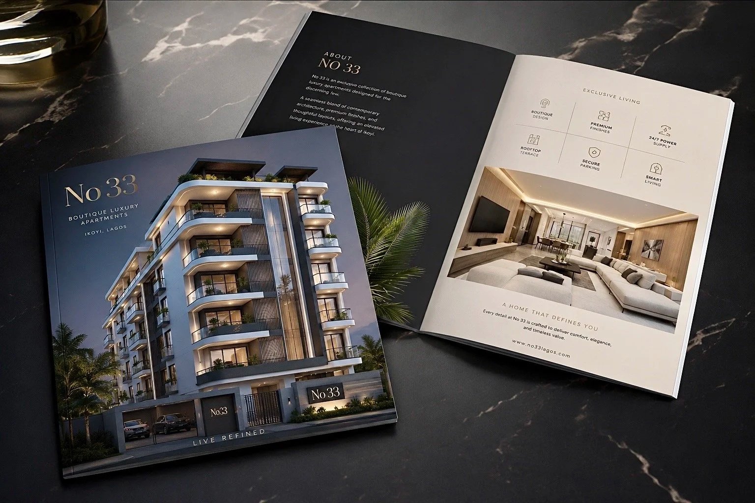 Brochure for No 33 luxury boutique apartments in Ikoyi, Lagos, featuring an exterior and interior design images.