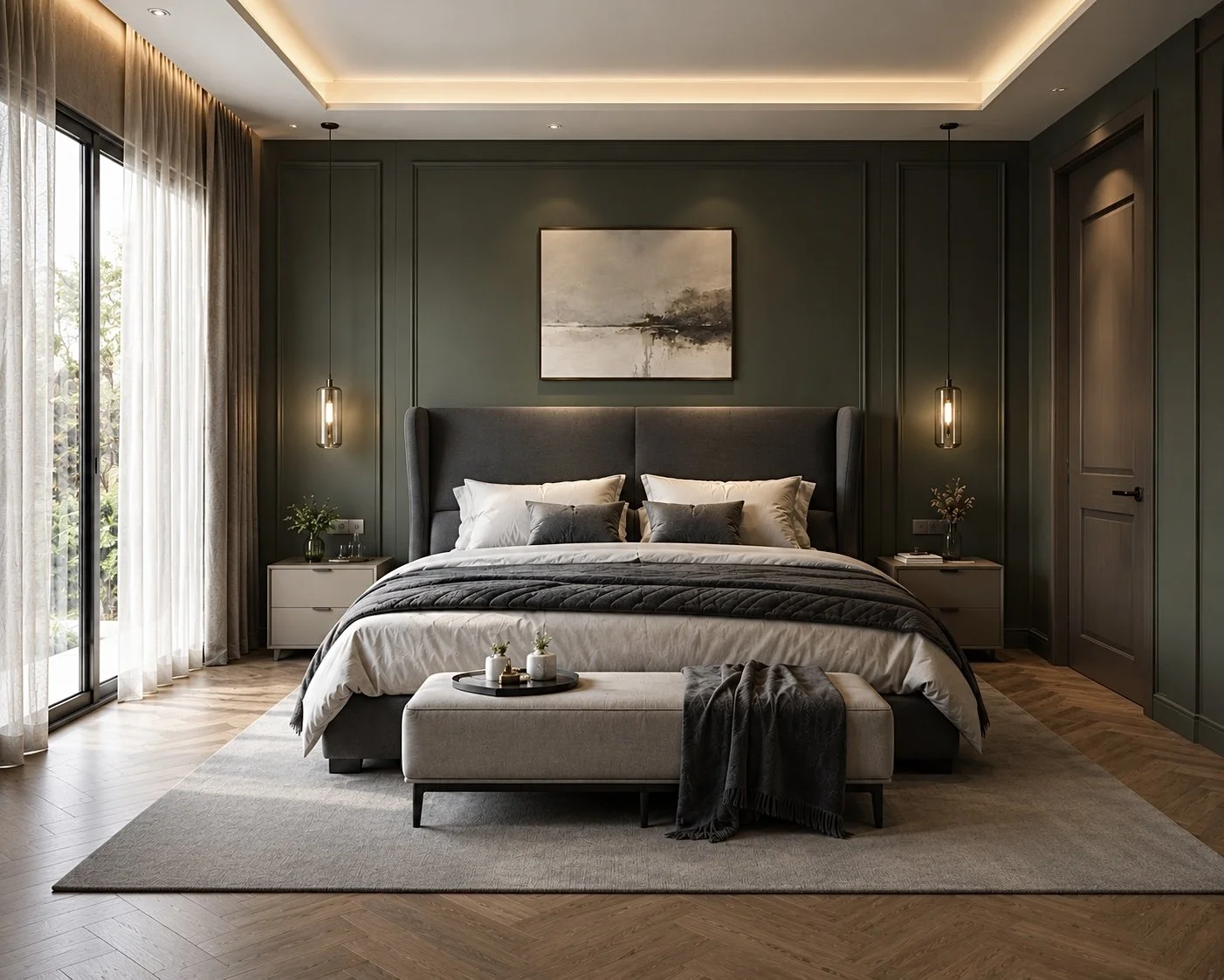 Modern bedroom with dark green walls, large bed with white and gray bedding, and a gray upholstered headboard. Two bedside tables with small vases and plants, pendant lights hanging on each side, and a picture hanging above the bed. Floor-to-ceiling windows with sheer curtains allow natural light to illuminate the room.