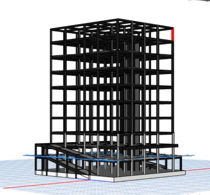 3D model of a steel building framework with multiple floors, shown in black with a grid floor and a partial view of the foundation base.