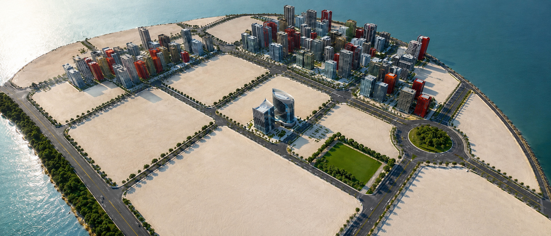 Aerial view of a city development project with numerous high-rise buildings, roads, roundabouts, green spaces, and waterfront in the background.