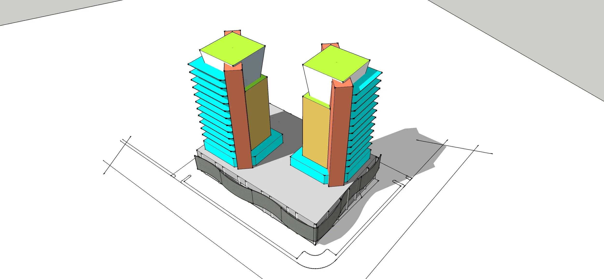 3D architectural render of a modern high-rise building complex with two towers, glass facades, and a surrounding paved area.