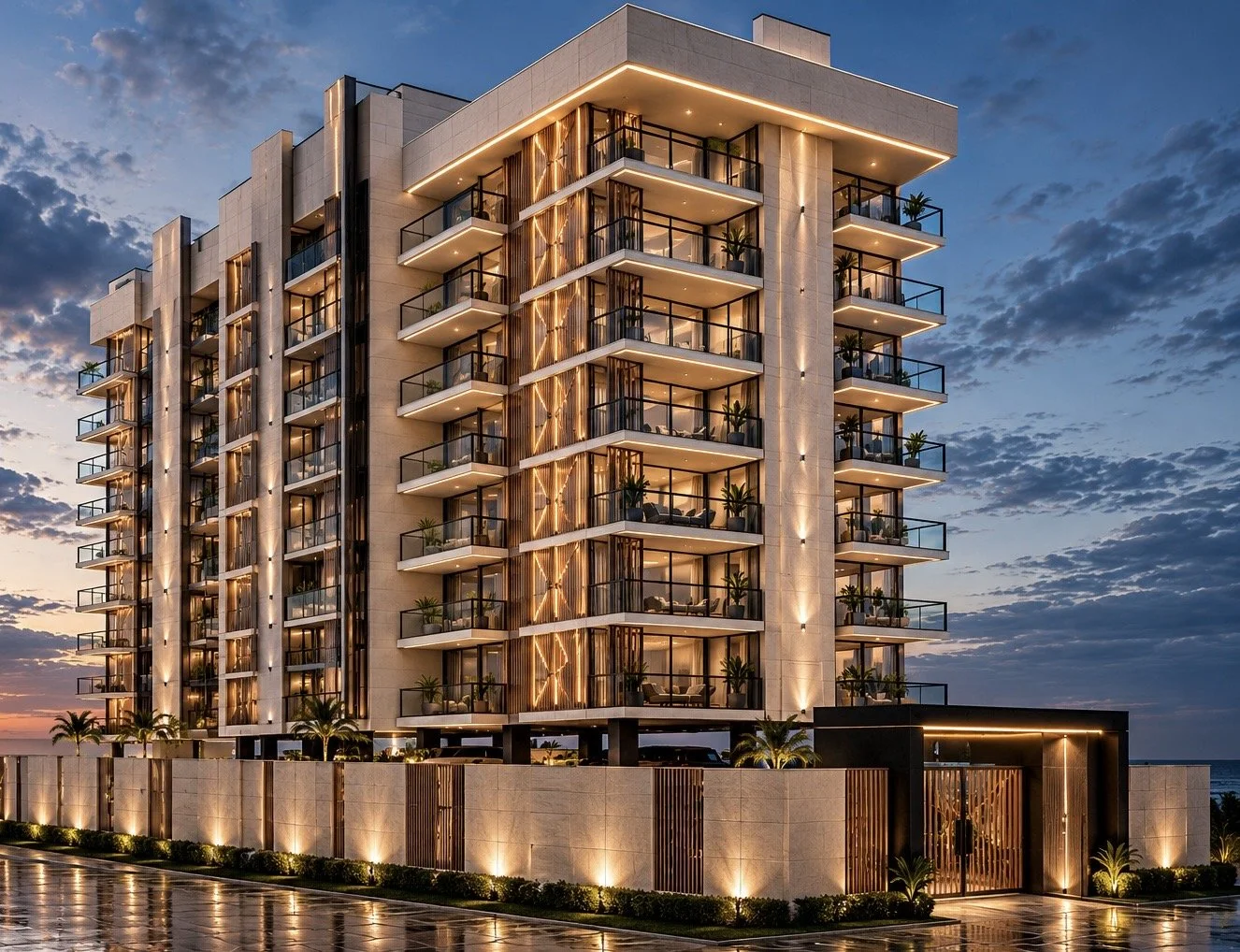 Modern multi-story residential building at dusk with illuminated balconies, palm trees, and a gated entrance, overlooking a body of water, designed by IHOD.