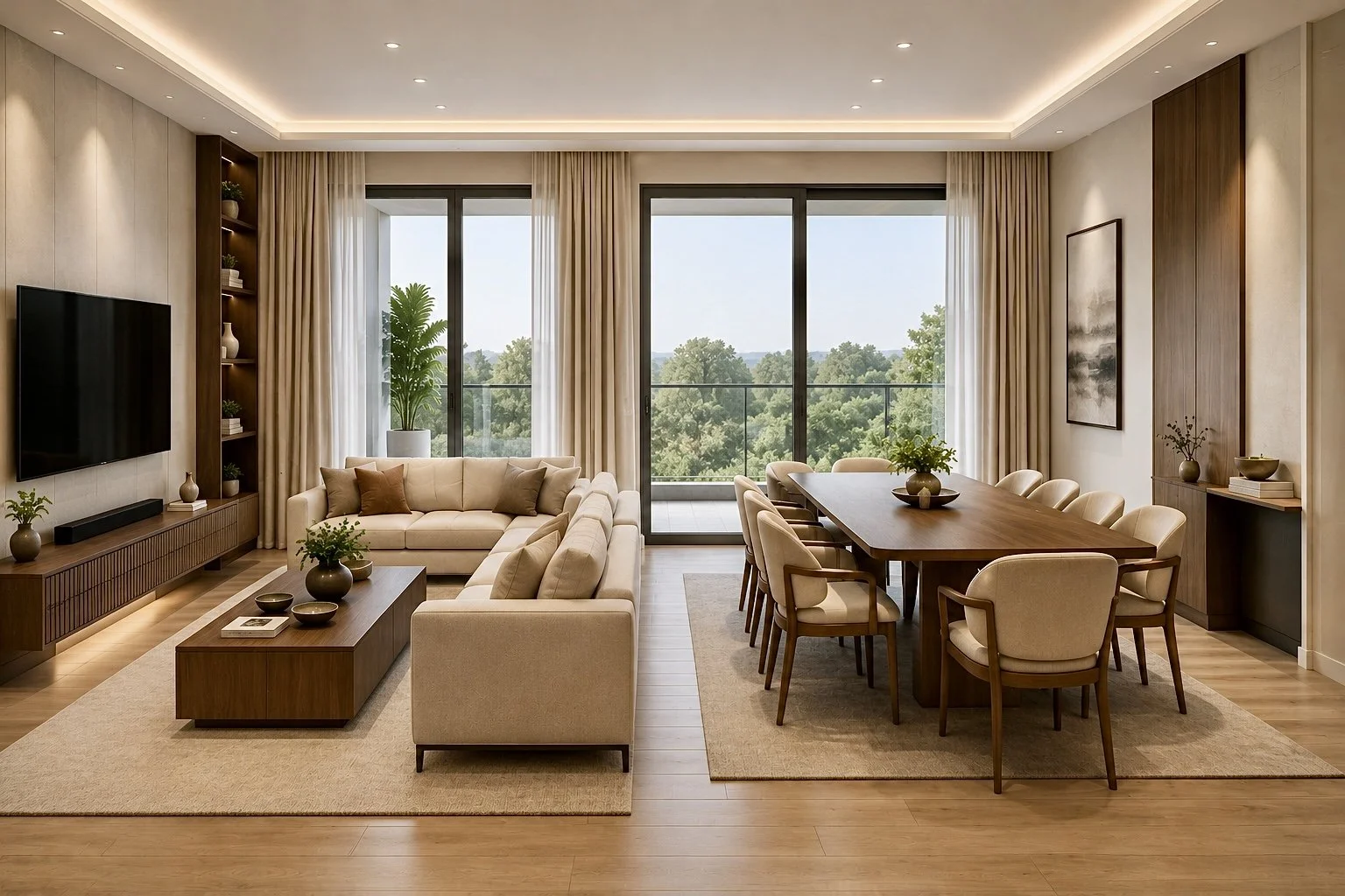 Modern living room with large windows, beige sofas, a wooden dining table with chairs, and greenery outside, designed by IHOD.