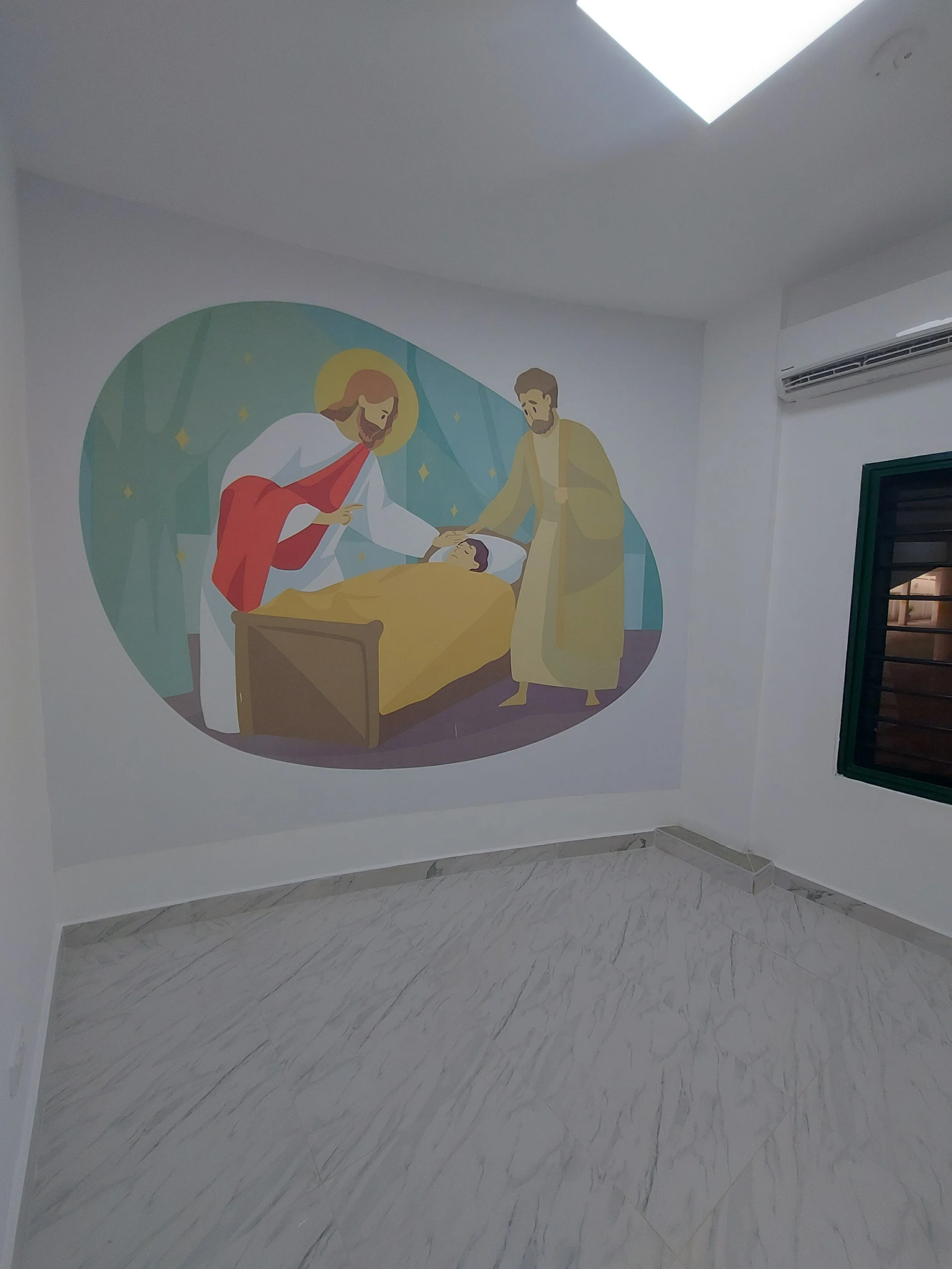 A mural on a white wall depicting Jesus Christ with a beard and long hair, dressed in a white robe with a red sash, performing a miracle on a person lying in a bed, with a man in yellow robes holding the person's hand, within the RCCG Olive Branch.