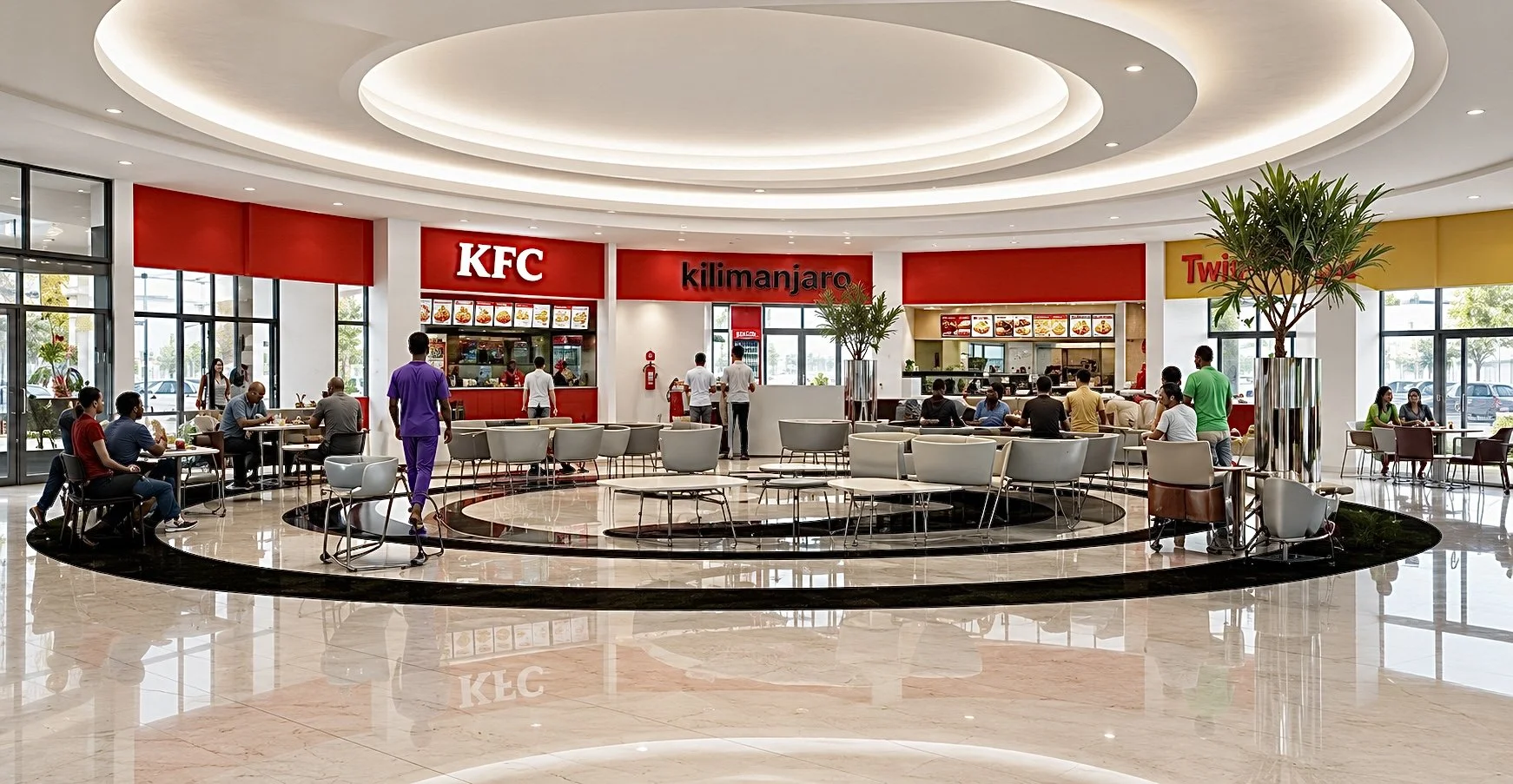 A spacious shopping mall food court with various fast food restaurants including KFC, Kilimanjaro, and Twin. People are seated at tables eating, while others are ordering food at the counters. The mall has a modern design with large windows, potted plants, and a polished marble floor.