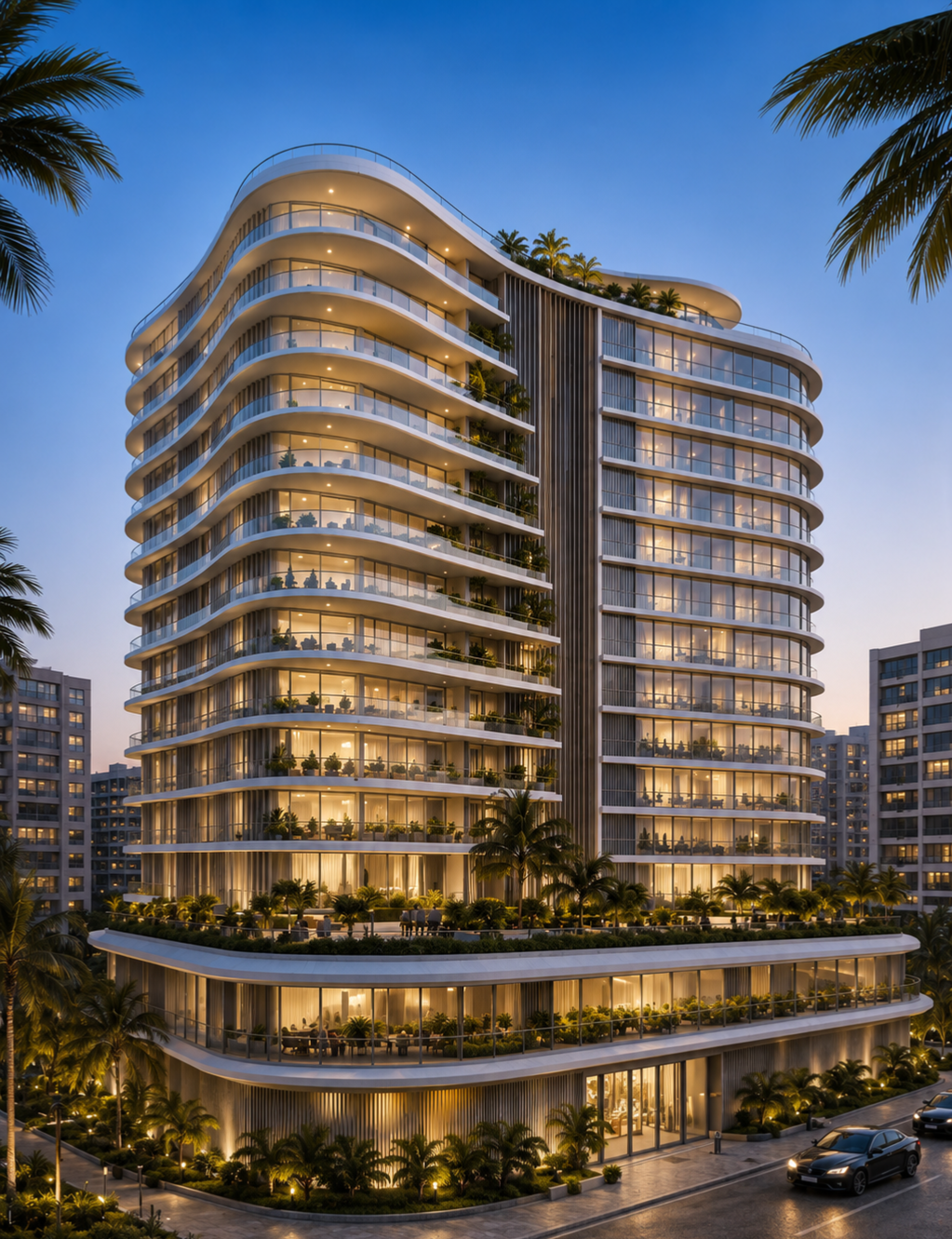 NEPTUNE Tower multi-story mixed-use building at Eko Atlantic City with curved balconies and large glass windows, surrounded by palm trees, illuminated at dusk.