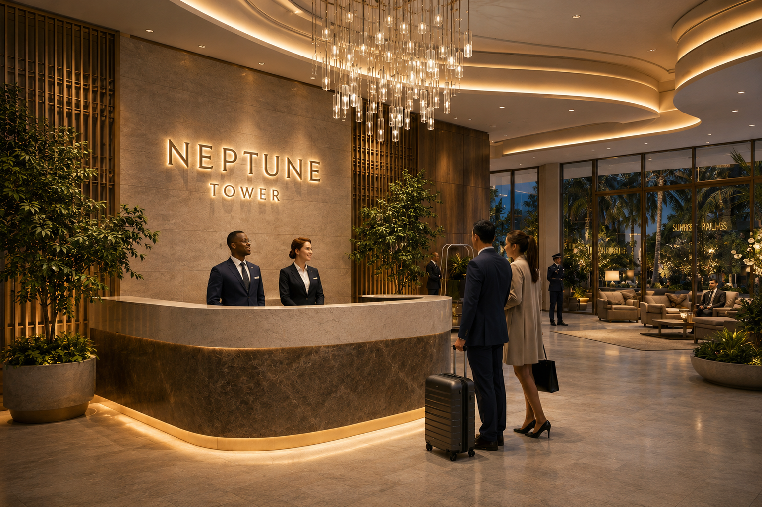 Hotel lobby at Neptune Tower with a reception desk, staff members, and two guests with luggage. The interior features warm lighting, large windows showing palm trees outside, and a modern, elegant decor.