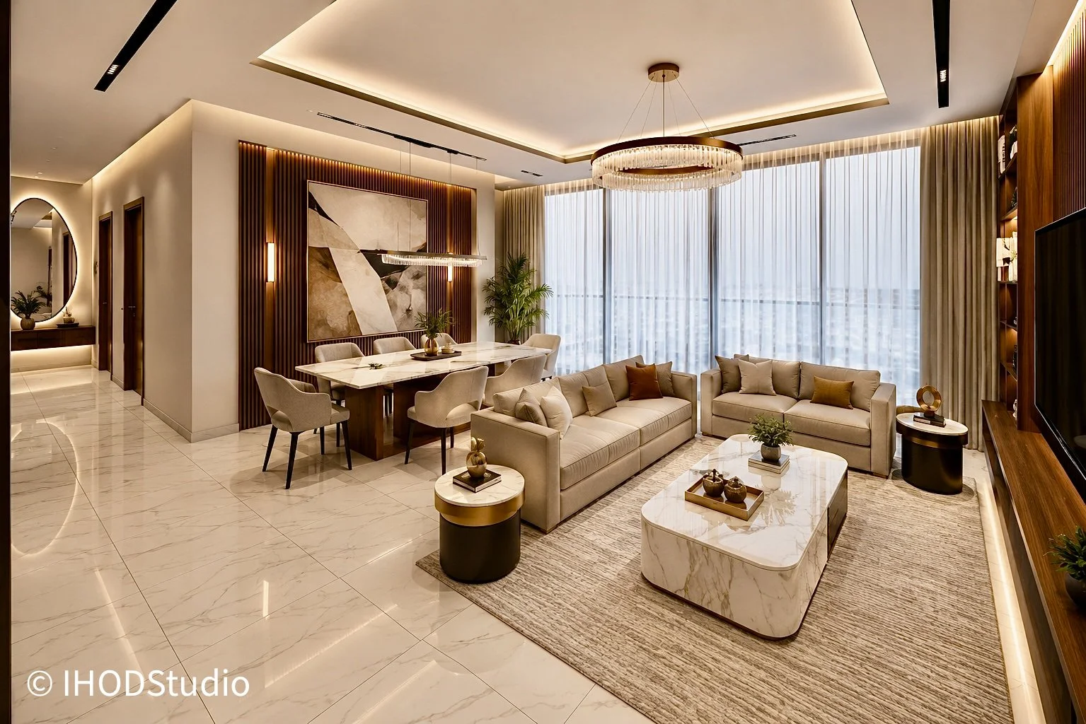 Modern living room with two beige sofas, marble coffee table, dining area with a large table and eight chairs, large abstract artwork, floor-to-ceiling windows with sheer curtains, marble flooring, and contemporary lighting fixtures, designed by IHOD