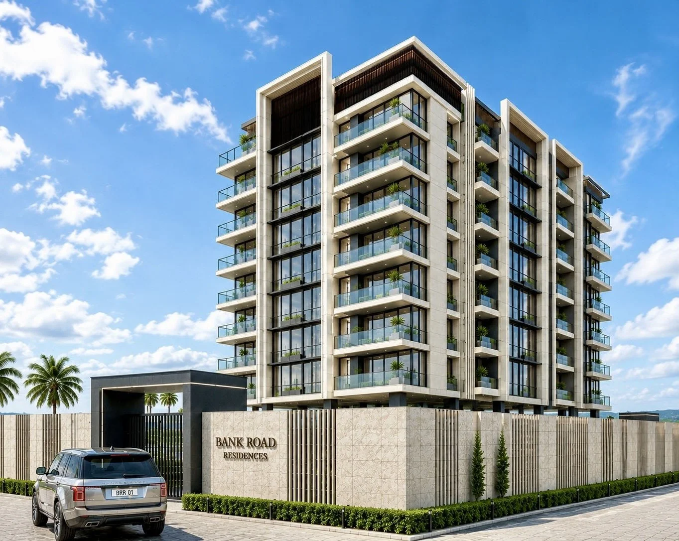 Modern multi-story residential building with glass balconies, potted plants, and a gated entrance, labeled 'Bank Road Residences,' with a parked car and palm trees nearby, designed by IHOD.