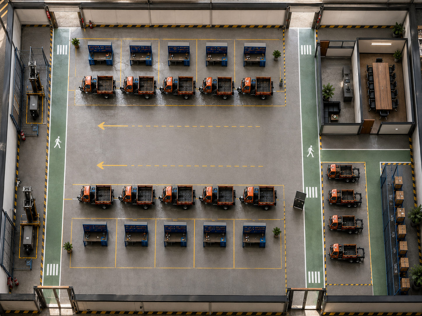 Overhead view of an indoor parking area with small orange utility trucks parked in two rows, walkways with pedestrian symbols, workstations, a meeting room, and some decorative plants.