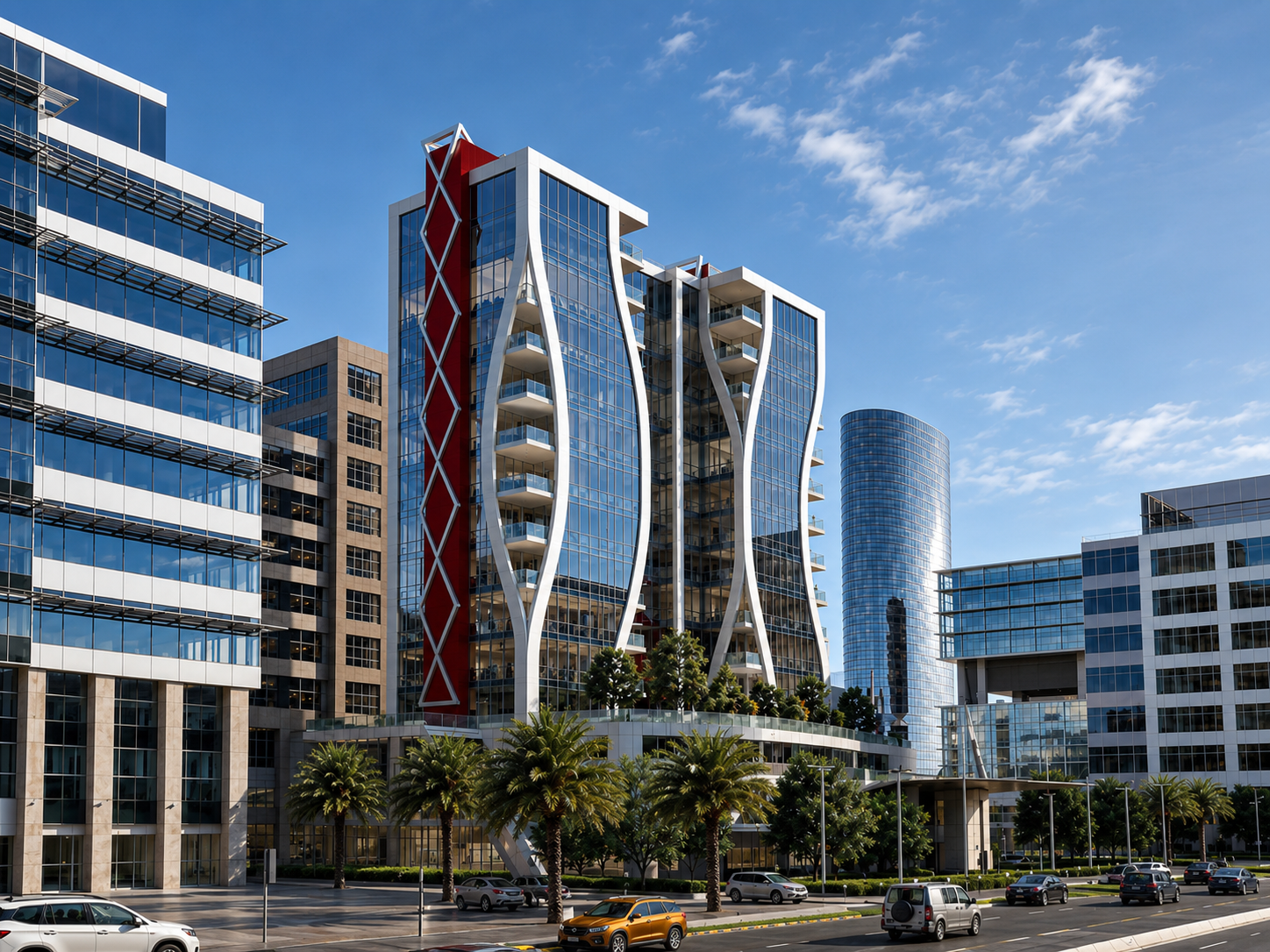 Modern office buildings with glass facades, palm trees, parked cars, and a blue sky with scattered clouds in what appears to be a city downtown.