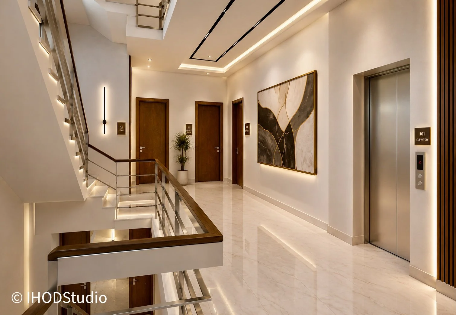 Modern hotel lobby with an elevator, wooden doors, a staircase with metal railing, a potted plant, and abstract wall art, lit with soft ceiling and wall lighting, designed by IHOD.