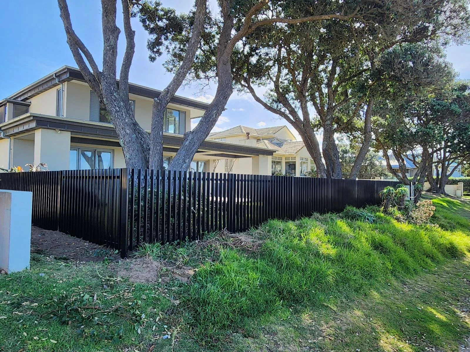 A modern two-story house with a light-colored exterior, large windows, and a sloped roof, surrounded by tall trees and a black metal fence, with a grassy yard and clear blue sky.