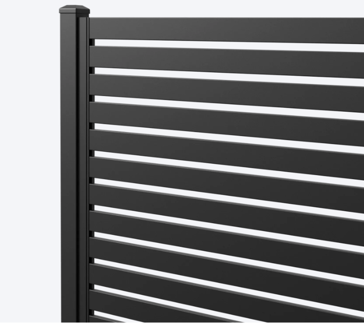 Close-up of a black metal outdoor privacy fence with horizontal slats.