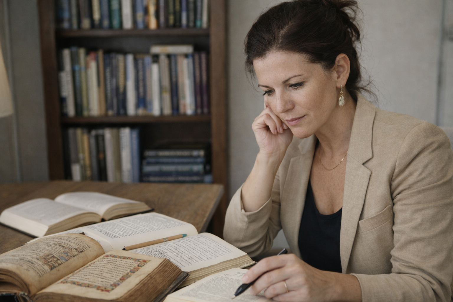 AI generated photo of Julie Ann Beijer with brown hair, wearing a beige blazer and earrings, sitting at a wooden table with open books and a pen, and looking down at one of the books.